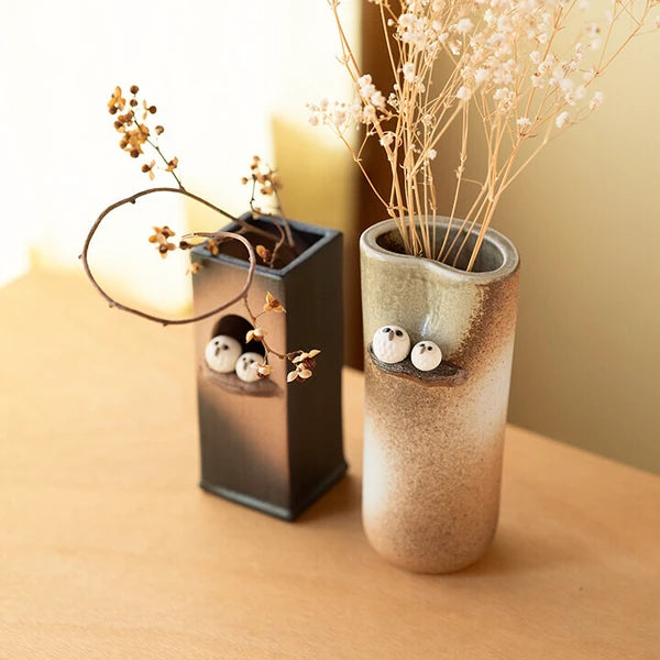 A Pair of Shigaraki Ware Ceramic Owl Vases, Made in Japan