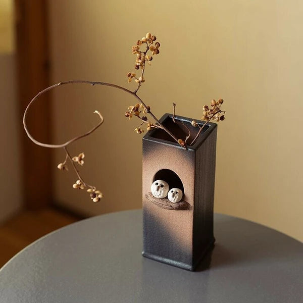 A pair of owls in a square vase, Shigaraki pottery, made in Japan