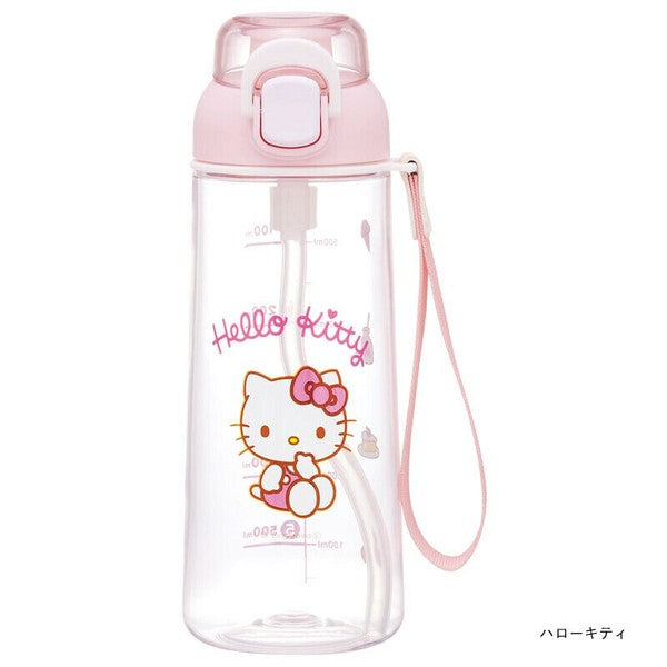 Skater one-touch drinking water bottle with strap and name sticker 630ml kitty