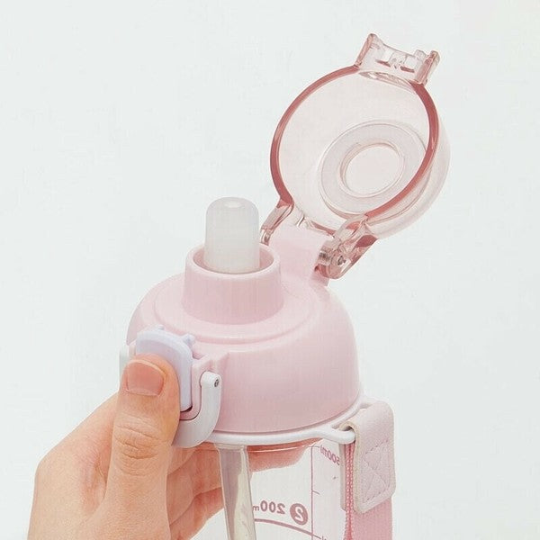 Skater one-touch drinking water bottle with strap and name sticker 630ml kitty