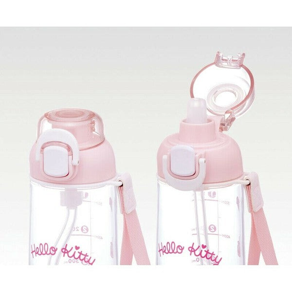 Skater one-touch drinking water bottle with strap and name sticker 630ml kitty