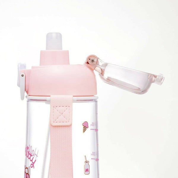 Skater one-touch drinking water bottle with strap and name sticker 630ml kitty