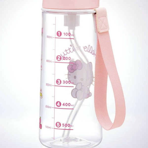 Skater one-touch drinking water bottle with strap and name sticker 630ml kitty