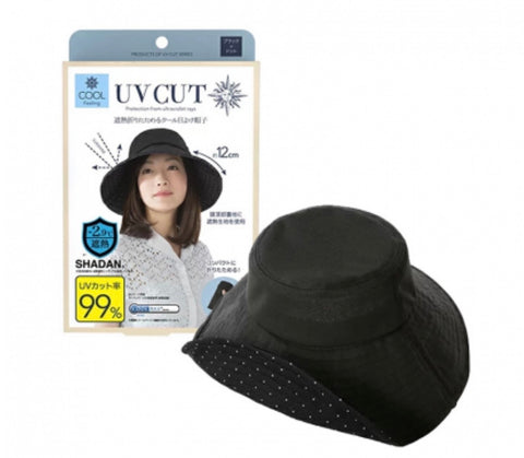 Japan UV CUT Single-Sided Foldable Sun Hat with Heat Shielding (No Wired Brim) – Black with White Polka Dots on Underside of Brim