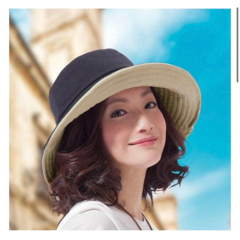 Japan UV CUT Reversible Foldable Sun Hat with Heat Shielding (Wired Brim) – Black / Beige